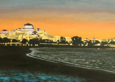 « Coucher de soleil sur Qsar Al Waten, Abu Dhabi »<br>Huile sur toile, 38x61cm, 2020