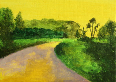 « Rue tournante dans la brume, en jaune »<br>Acrylique sur toile, 19x27cm, 2020