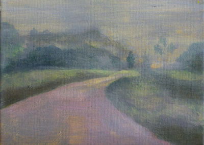 « Rue tournante dans la brume, petit format »<br>Acrylique et huile sur toile, 16x22cm, 2020