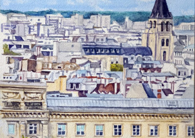 « Église St Germain des prés, au loin »<br>Aquarelle, 31x23cm, 2021
