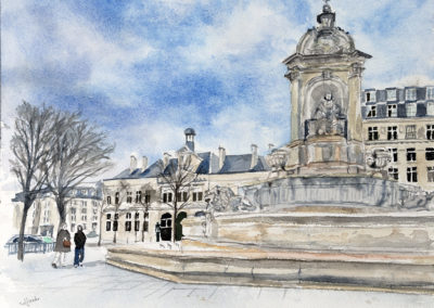 « Place St Sulpice et la mairie du VIe »<br>Aquarelle, 24x32cm, 2023