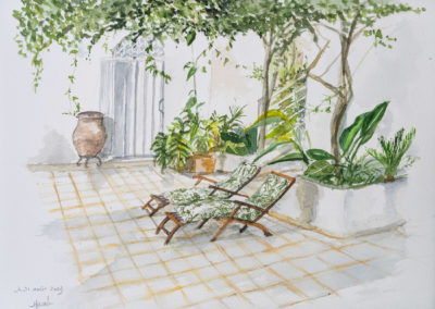 « Terrasse à Carboneras »<br>Aquarelle, 23x31cm, 2023