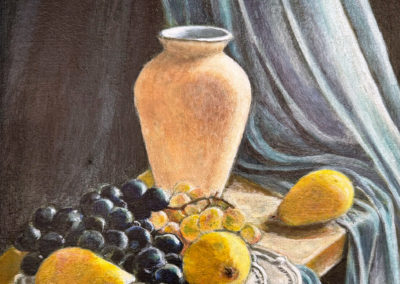 « Rideau bleu et fruits d’automne »<br>Tempera, 33 x 23cm, 2024