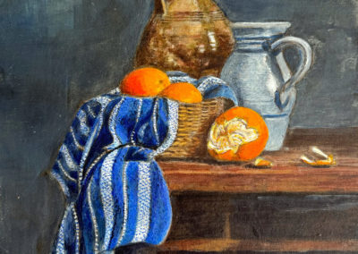 « Un torchon, deux vases et trois oranges »<br>Tempera, 33 x 23cm, 2023