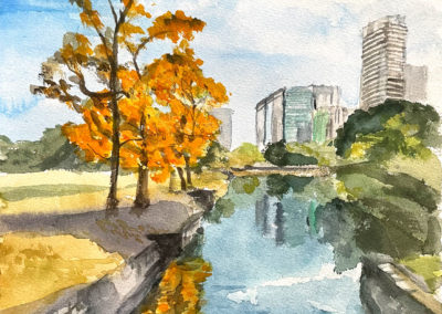 « Ginkgo biloba au Parc Hamarikyu »<br>Aquarelle, 31x23cm, 2022