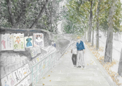 « Les bouquinistes, quai de Montebello »<br>Aquarelle, 31x23cm, 2018