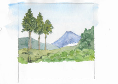 « Mont Fuji avec 3 cèdres »<br>Aquarelle, 10,5x13cm, 2018