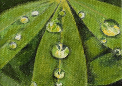 « Gouttes d’eau sur des feuilles »<br>Acrylique sur toile, 14x18cm, 2019