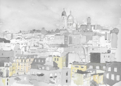 « Vue nocturne sur le Sacré Coeur, chez Manu »<br>Aquarelle, 29x39cm, 2018