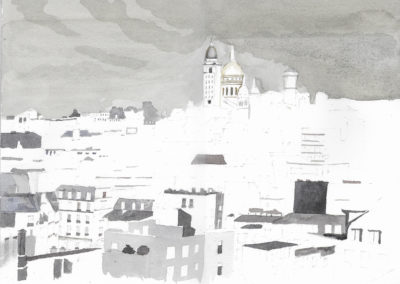 « Vue nocturne sur le Sacré Coeur, chez Manu, ombre »<br>Aquarelle, 29x39cm, 2018