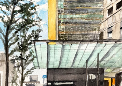 « Vue urbaine à Tokyo 1, Nihonbashi Tower »<br>Aquarelle, 31x23cm, 2022