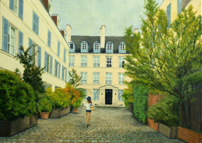 « Chapeautée bleue avec son panier à provisions »<br>Huile sur toile, 50x70cm, 2020