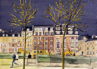 «Joggers du quai des Grands Augustins» (clair)<br>Aquarelle, 23x31cm, 2020