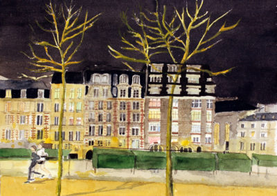 «Joggers du quai des Grands Augustins» (obscur)<br>Aquarelle, 23x31cm, 2020