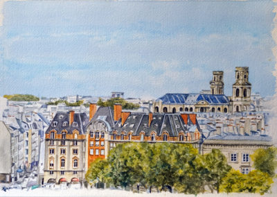 « St Sulpice, au loin »<br>Aquarelle, 26x36cm, 2021