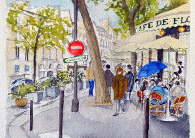 « Le Flore, un jour de pluie »<br>Aquarelle, 26x18cm, 2021