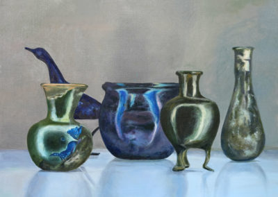 « Vases antiques et statue d'oiseau »<br>Huile sur toile, 60x81cm, 2022