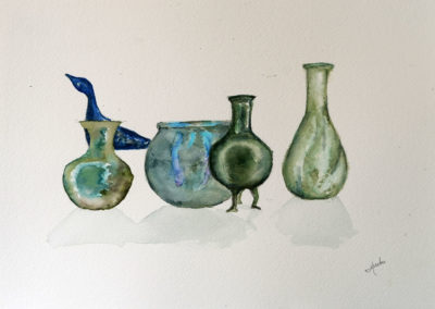 « Vases antiques et statue d'oiseau »<br>Aquarelle, 23x31cm, 2021