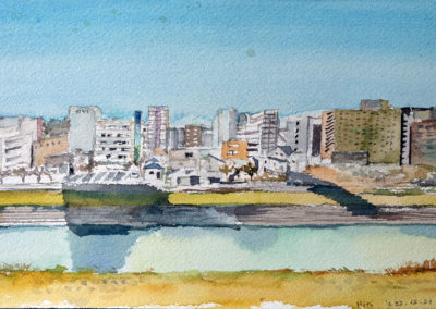 « Rivière aux cerisiers, mito »<br>Aquarelle, 15x30cm, 2021