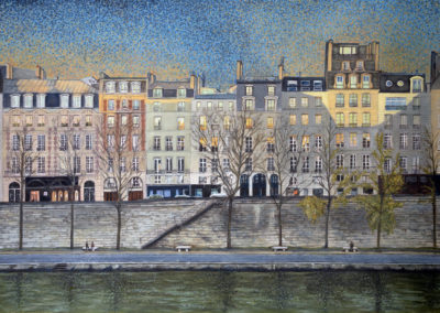 « Entre chien et loup sur le quai »<br>Huile sur toile, 89x130cm, 2023