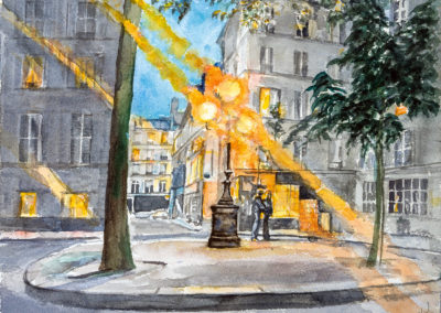 « Place Furstenberg au crépuscule »<br>Aquarelle, 24x32cm, 2023
