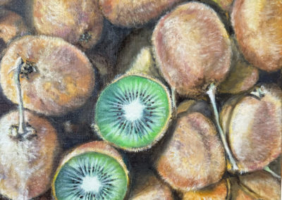 « Kiwis du jardin de Julio »<br>Huile sur toile, 30 x 30cm, 2024